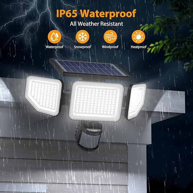 Onforu 4500LM Solar Lights Outdoor, 3 Heads Security Lights with Remote Control, IP65 Waterproof Motion Sensor Lights, 3 Modes Flood Lights for Wall, Porch, Yard, Outside, 4 Pack