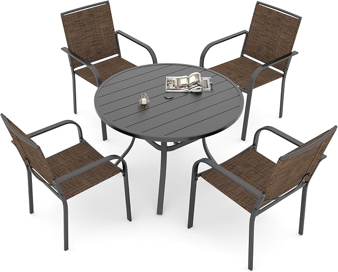 Outdoor 41" Metal Round Table and Brown Stacking Chairs Patio Dining Set 5 | 4 Piece Stackable Chairs Textilene Seat and Back, Table and Chair with Metal Frame, Round Slat Table Top, 1.9" Umbrella Hole