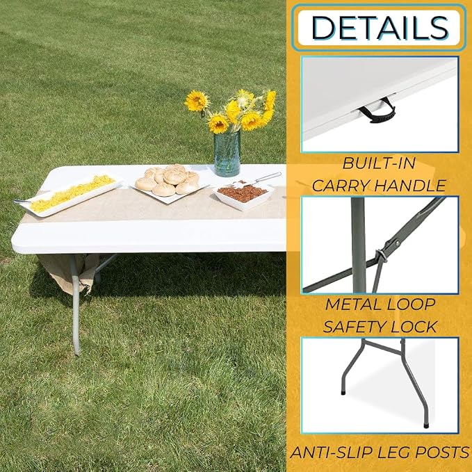 EZONE 6ft Indoor Outdoor Heavy Duty Portable Folding Plastic Dining Table w/Handle, Lock for Picnic, Party, Camping - White (6 Ft)