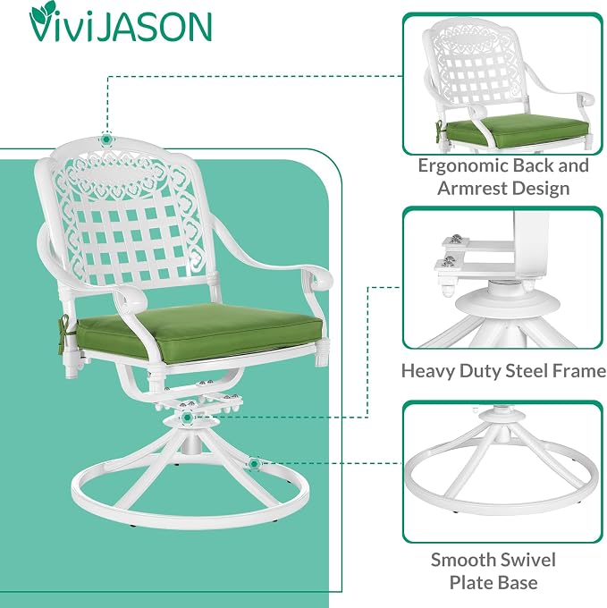 VIVIJASON 3-Piece Patio Bistro Set, Outdoor All-Weather Cast Aluminum Furniture Dining Set, Include 2 Swivel Rocker Chairs and 35.4" Round Table w/Umbrella Hole for Balcony, Lawn, Garden, White