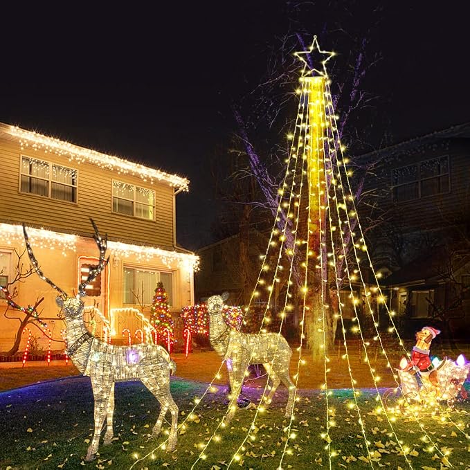 Christmas Decorations, Outdoor Christmas Lights, 320 LED Outdoor Christmas Tree String Lights with 12" Star Toppers [8 Modes& Waterproof] for Xmas New Year Holiday Decor (Iron Warm)