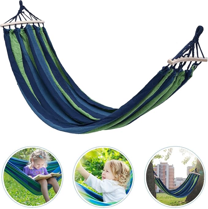 POPETPOP Outdoor Hammock Swing Extra Large Striped Canvas 190x100cm Portable Camping Travel Hanging Hammock for Backyard Patio and Hiking