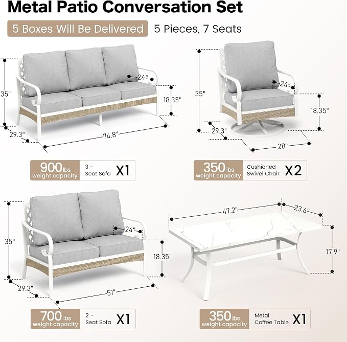 SUNSHINE VALLEY 6 Piece Metal Outdoor Patio Furniture Set, Patio Conversations Set 3-Seater Couch, 2-Seater Sofa, 2 Swivel Sofa with 5.75" Thick Cushion and Coffee Table White Backyard Furniture, Gray