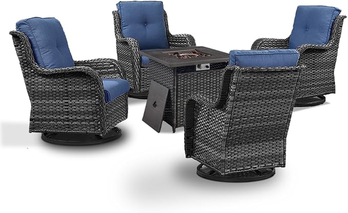 Wicker Patio Furniture Set- 4 Pieces Outdoor Swivel Rocker Chairs with 50,000 BTU Fire Pit Table,PE Rattan Outdoor Conversation Set for Garden Porch Deck