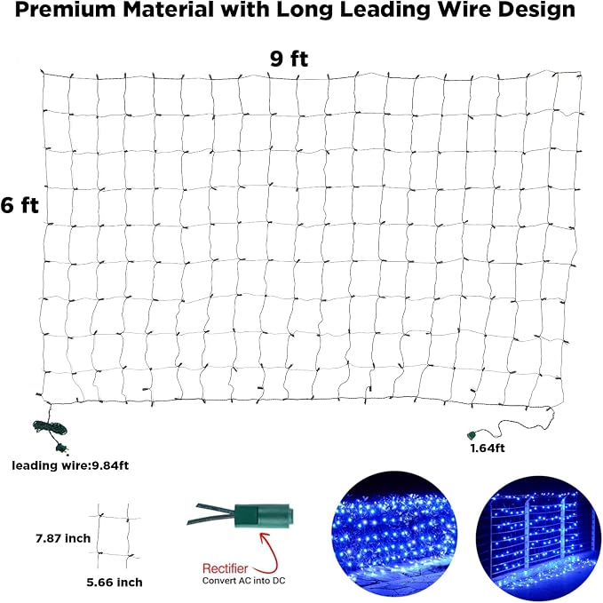 Led Net Lights Christmas Lights Outdoor 200Leds 9ft x 6ft Upgraded Blue Christmas Net Lighting, Waterproof 5mm LED Wide Angle Outdoor Indoor Mesh Net Light for Trees, Bushes, Shrubs Decorations