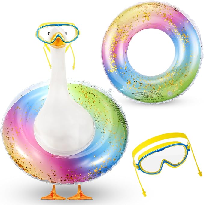 Aliceset 2 Pcs Summer Porch Goose Outfits Hawaiian Pool Goose Cloth Costume Swimsuit with Swim Ring Sunglasses, Fits 23'' Lawn Statue for Patio Yard Garden Outdoor Decor(Rainbow Style)