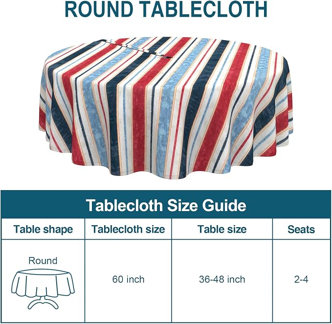 DYTXIII Outdoor Round Tablecloth with Umbrella Hole 60 Inch, Water Repellent & Fade Resistant Table Cover, All Weather Outdoor Tablecloth for Garden & Party Table, Stripe Red Blue
