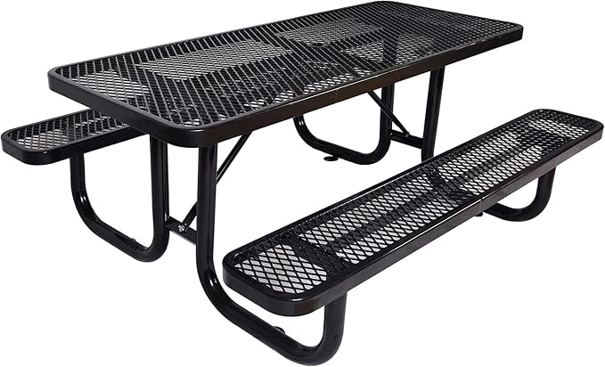 Heavy Duty Picnic Table for Outdoor 1400 lbs Load All Metal Camping Table with Umbrella Hole up to 1.5", Rectangle Dining Table for Commercial Picnic Table with Benches, Black