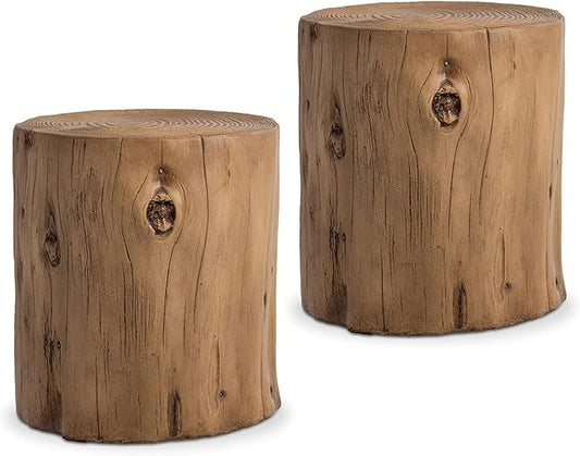 COSIEST 2 Pieses Outdoor Side Table, Hand-Painted Wood Stump Side Table Set of 2, Faux Wood Stool, Ottomans, Plant Stand, Deck or Garden (Light Oak)