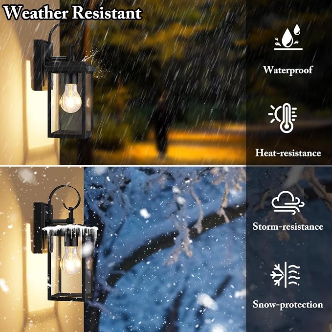 BesLowe 2-Pack Outdoor Wall Light Fixtures, Modern Porch Sconces, Black | Waterproof, Rust-Resistant, Durable Metal with Clear Glass, Standard E26 Socket, Easy to Install