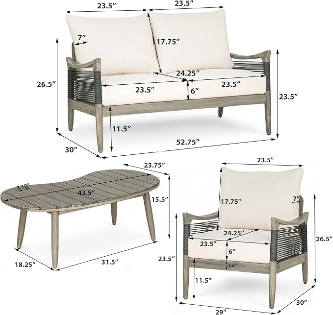 Merax 4-Piece Acacia Wood Patio Set with Loveseat, Chairs & Table | Grey Acacia Frame, Dark Grey Rope, Beige Cushions, Deep Seating And Coffee Table For Porch, Garden, Backyard Or Balcony