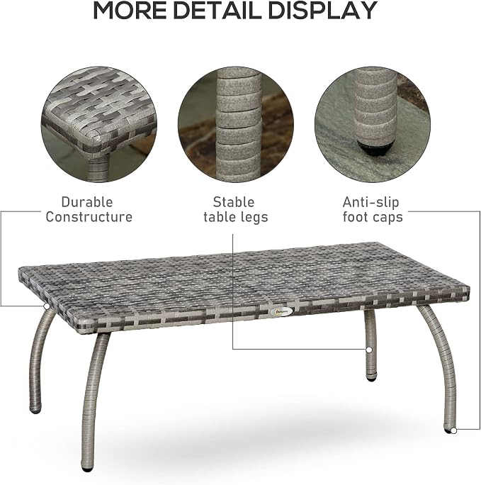 Outsunny Rattan Wicker Table PE, Coffee Table with All-Weather Material for Outdoor, Garden, Balcony, Backyard, Grey