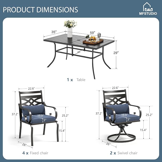 MFSTUDIO 7 PCS, Patio Dining Set, 59"×35", 4 Swivel Chairs, Umbrella Hole | Blue, Steel, Metal, E-coated frame