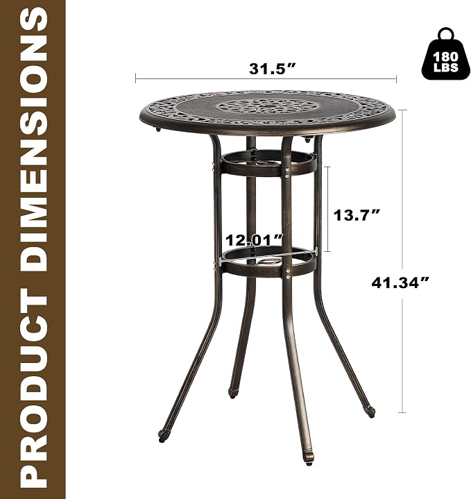 Grepatio 32" Outdoor Bar Table, Patio Cast Aluminum Height Bar Table, 41" Tall Patio Bistro Bar Table with Umbrella Hole, Round Patio High Top Dining Table for Garden Party