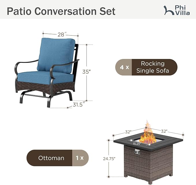 Patio Furniture Set with 32" Fire Pit Table, Patio Conversation Sets 4 Rocking Chairs with Thick Cushion and 50000 BTU Fire Pit Table (5 Pieces,Navy