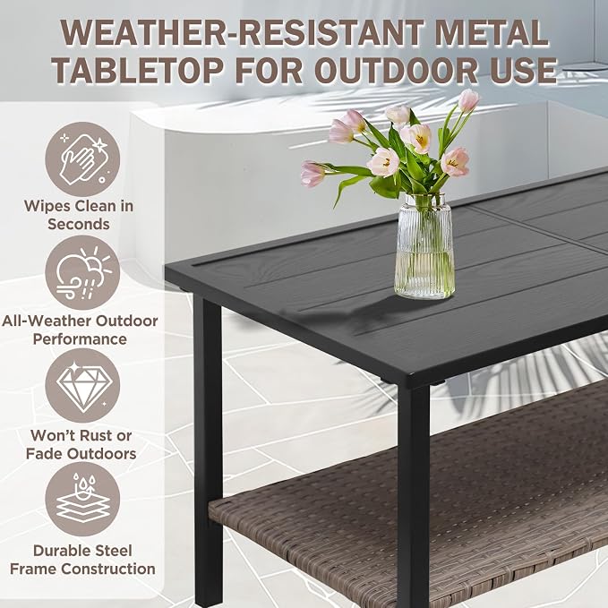 EAGLE PEAK Mojave Dusk Patio Coffee Table with Wood Grain Top and Wicker Shelf, Durable Weather-Resistant Outdoor Table for Deck, Porch, or Garden, Large