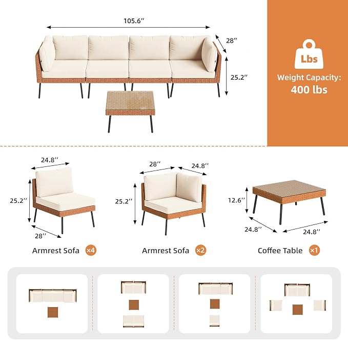 Aoxun 5-Piece Patio Furniture Set, Wicker Outdoor Furniture with Water Resistant Thick Cushions, Patio Conversation Set Outdoor Sectional Sofa with Coffee Table for Backyard Poolside, Beige
