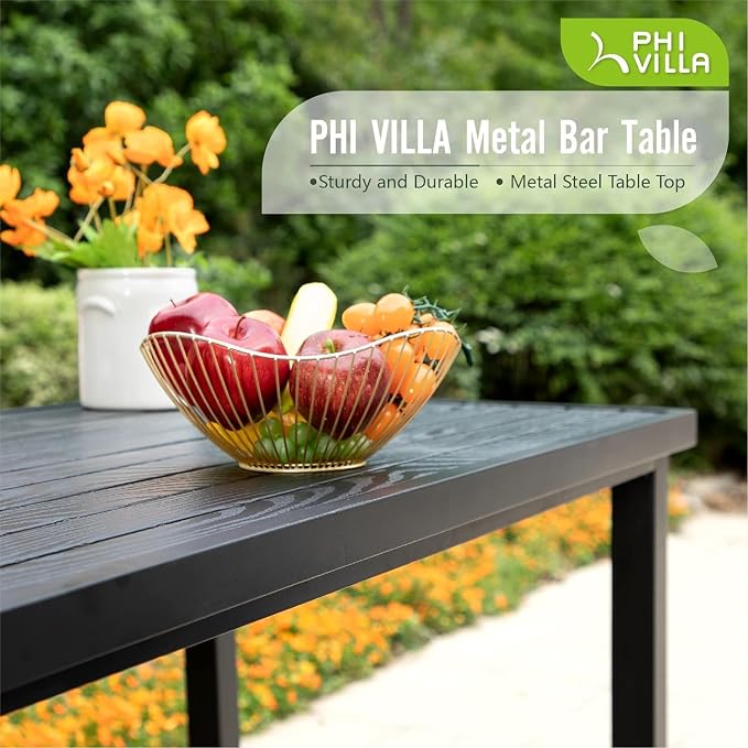 PHI VILLA Outdoor Tall Bar Table, 55”x27” Counter Height Dining Table with Wood-Like Metal Frame & Adjustable Feet, Black High Top Pub Cafe Table for Patio, Yard