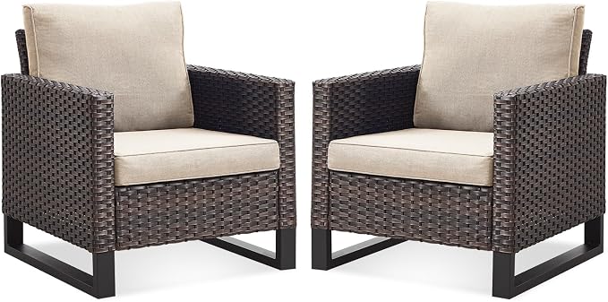 Belord Oversize Patio Chairs Set of 2 Outdoor Wicker Dining Chairs, All-Weather Rattan Patio Club Chair Furniture Sets with Water-Resistant Cushion Anti-Rust Frame Brown