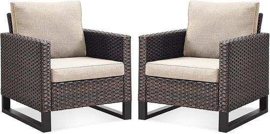 Belord Oversize Patio Chairs Set of 2 Outdoor Wicker Dining Chairs, All-Weather Rattan Patio Club Chair Furniture Sets with Water-Resistant Cushion Anti-Rust Frame Brown