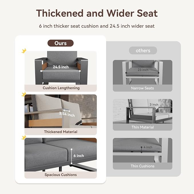 Aoxun Aluminum Patio Furniture Set, 7 Seats Luxury Metal Patio Conversation Sets with Coffee Table, Thick Cushions and Waterproof Cover, Modern Outdoor Furniture Set for Backyard/Poolside, Light Grey