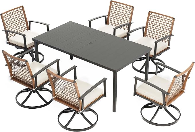 LAUSAINT HOME Outdoor Dining Table for 6, Rectangular Table with Umbrella Hole, Weather Resistant Heavy Duty Metal Frame Table for Lawn Garden Backyard, L63 xW37 xH29