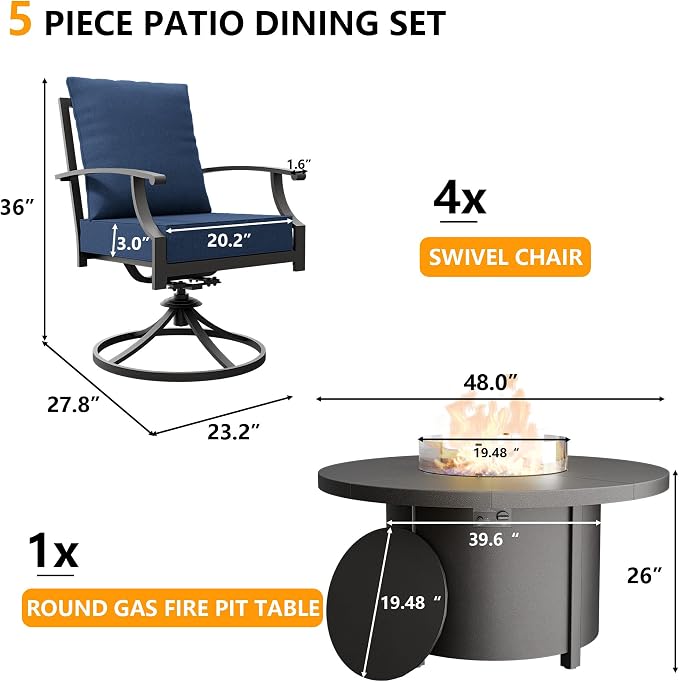 5 Piece Metal Outdoor Patio Furniture Set with 48" Round Propane Fire Pit, Outdoor Dining Table Set with 4 Swivel Chairs and 55000 BTU Outdoor Fire Pit, Navy