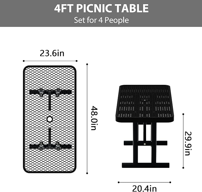 6FT Picnic Tables for Outdoors, Black Rectangular Heavy Duty Commercial Picnic Table with Umbrella Hole, Weather-Resistant Camping Table Dining Table for Backyard, Patio, Garden, Shops, Parks