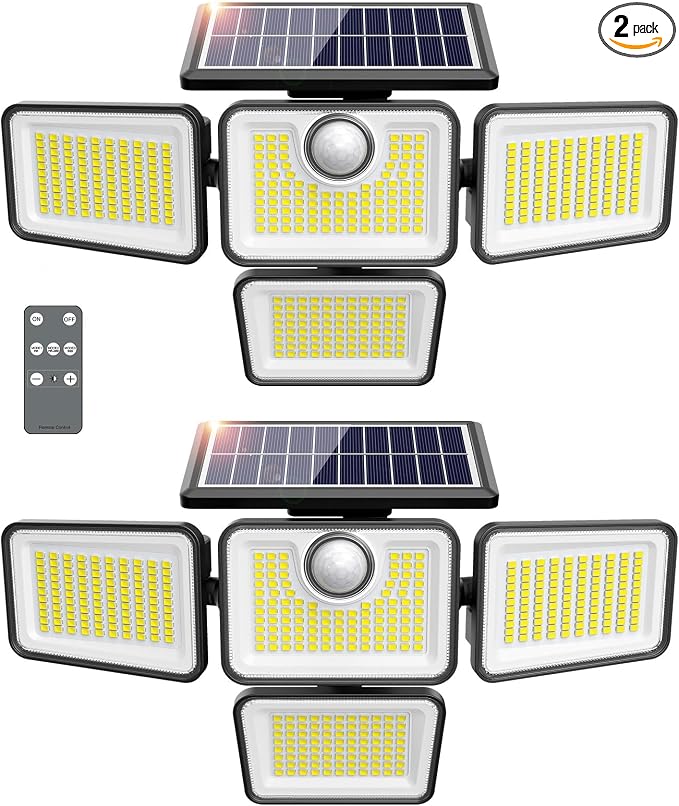 4500LM Solar Lights Outdoor, 4 Adjustable Heads Motion Sensor Lights, 3 Modes, 6500K, IP65 Waterproof Solar Security Wall Lights, Remote Control Flood Lights, Garden, Outside, Backyard, 2 Pack