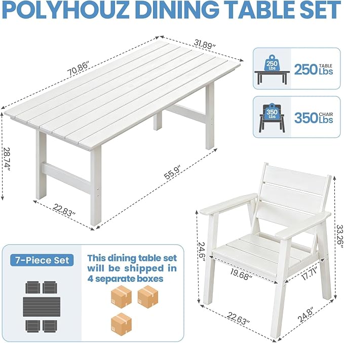 Outdoor Dining Set,5-Piece Patio Table and Chairs Set for 4, HDPE Outdoor Dining Table and Chairs with Umbrella Hole, All-Weather Patio Dining Furniture Set,White