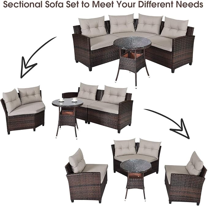 COSTWAY 4-Piece Patio Furniture Set, Wicker Rattan Sofa with Cushions and Coffee Table, Outdoor Sectional Conversation Sofa Set for Poolside Backyard Lawn Backyard (Grey)