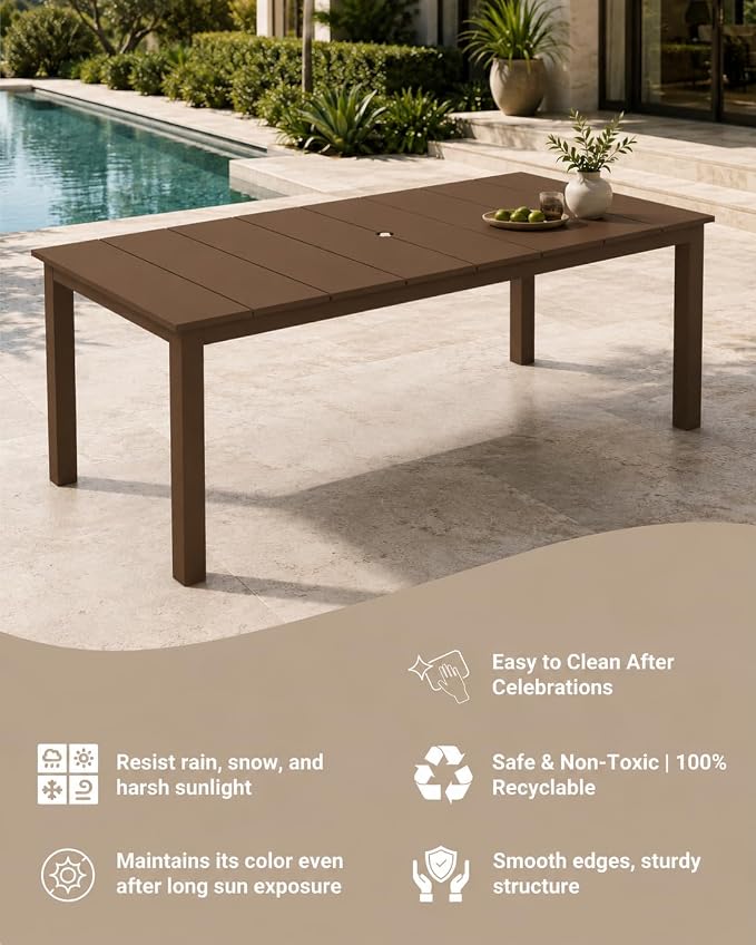 75.2" Outdoor Dining Table for 4-6 People, Patio Dining Outdoor Table with Umbrella Hole, All Weather Patio Table for Backyard, Deck and Garden, Brown