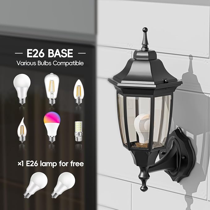 EMART Outdoor Front Porch Light with Bulb, Wall Lamp Fixture(2 Pack, Black) | Exterior Anti-Corrosion, Waterproof Aluminum & Glass Shades, Modern Sconce Lantern for Outside, House, Garage