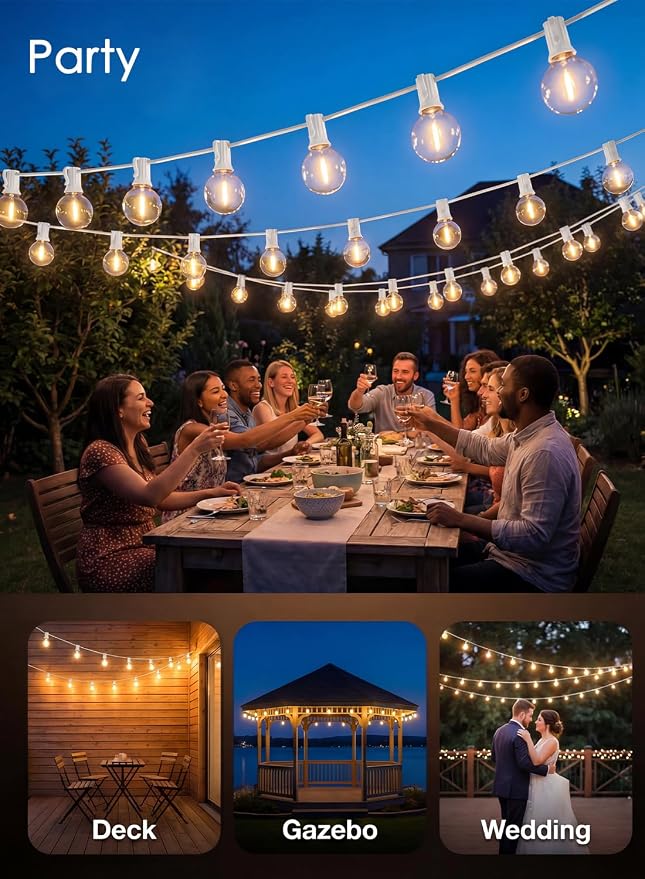 25FT G40 LED White Outdoor String Lights with 25 Plastic Shatterproof Bulbs | 2700K Warm White, IP65 Waterproof Hanging Connectable Globe Lights for Patio Garden Porch Pergola Bistro Decor, White Wire