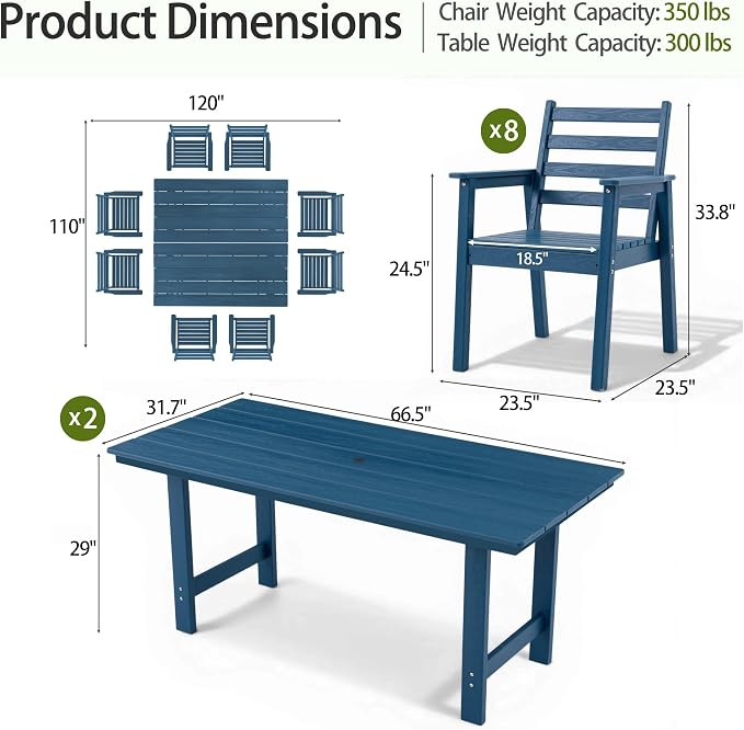 10-Piece Outdoor Dining Set, All-Weather HDPE Patio Furniture, Two 66.5" Slatted Table with 1.6" Umbrella Hole & 8 Ergonomic Armchairs, Heavy Duty 350lbs Capacity, UV Resistant, Blue