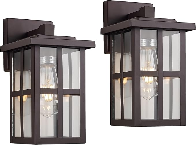 MICSIU 2 Pack Bronze Outdoor Wall Light Fixtures, 11" Modern Farmhouse | No Assembly Required, Clear Glass, Anti-Rust, Front Porch Light For House Porch Garage