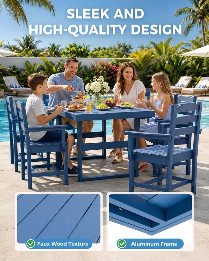 WACASA 7-Piece HDPE Outdoor Dining Set for 6, All-Weather Outside Dining Table and 6 Chairs with Umbrella Hole, Steel-Reinforced Patio Furniture, Blue