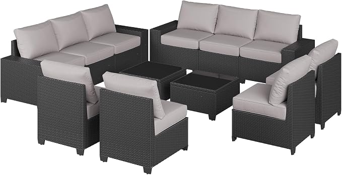Aoxun Patio Furniture Set, 12 Pcs Outdoor Patio Furniture Sets with 4 in Thicken Cushion, Widen Armrests Wicker Outdoor Sectional for Backyard & Garden, Grey