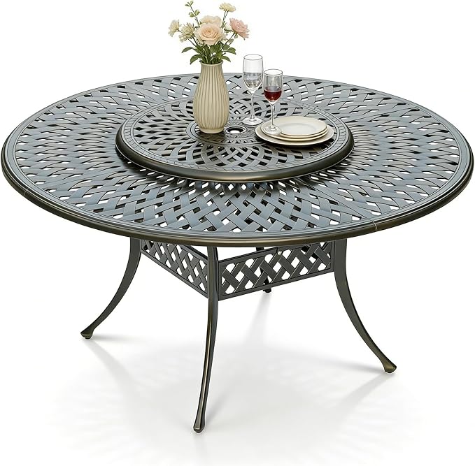 MEETWARM Outdoor 61" Round Patio Dining Table with Detachable Lazy Susan, All Weather Cast Aluminum Large Patio Furniture Table Fits for 6-8 Person with 2" Umbrella Hole, Smooth Spin, Dark Bronze