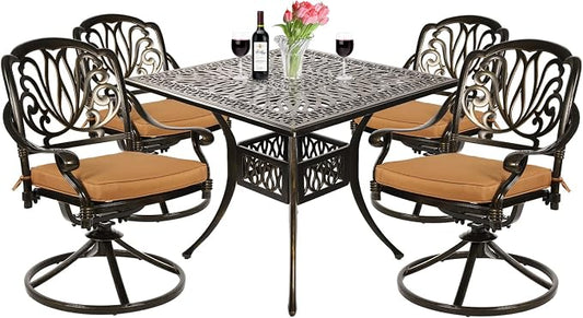 VIVIJASON 5-Piece Outdoor Patio Dining Set, All-Weather Cast Aluminum Conversation Set, Patio Furniture Set for Deck Lawn Garden, Include 4 Swivel Dining Chairs, a 35.4" Square Table w/Umbrella Hole