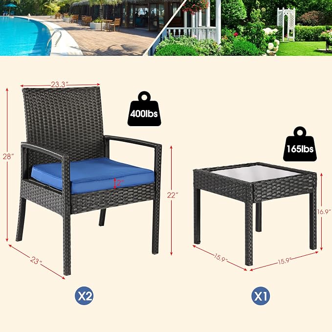 3PCS PE Rattan Patio Conversation Set, Outdoor Patio Furniture Sets | Thick Polyester Cushions, Tempered Coffee Table, Steel Frame Holds 330 LBS for Backyard Lawn Porch Poolside Balcony, Blue