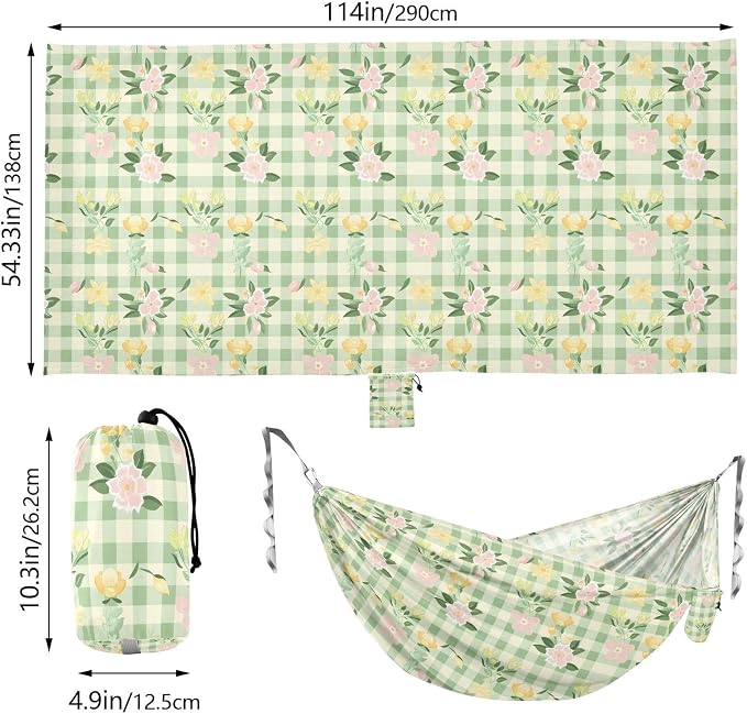 Camping Hammock Outdoor Hammocks for Outside Pink Green Yellow Plaid Flowers Beach Trees Portable Lightweight with Pockets Tree Straps Indoor