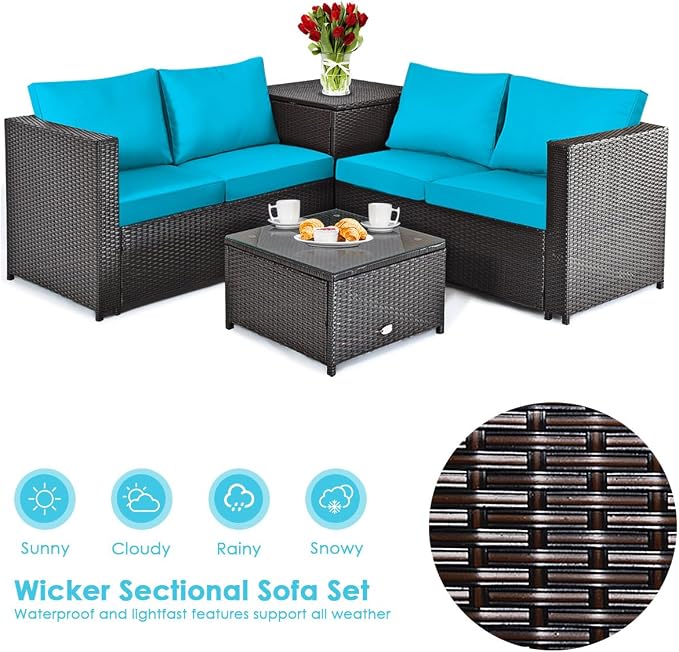 DORTALA 4 Pieces Outdoor Patio Furniture Set, Weather Resistant PE Rattan Conversation Set with 2 Loveseats, Outdoor Sectional Sofa Set with Comfy Cushions for Garden and Poolside, Turquoise