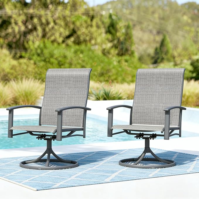 7 Piece Outdoor Dining Set, 47" Black Round Outdoor Dining Table with 2 Grey Swivel Outdoor Dining Chairs and 4 Fixed Patio Table and Chair Set of 6 for Lawn, Garden, or Porch
