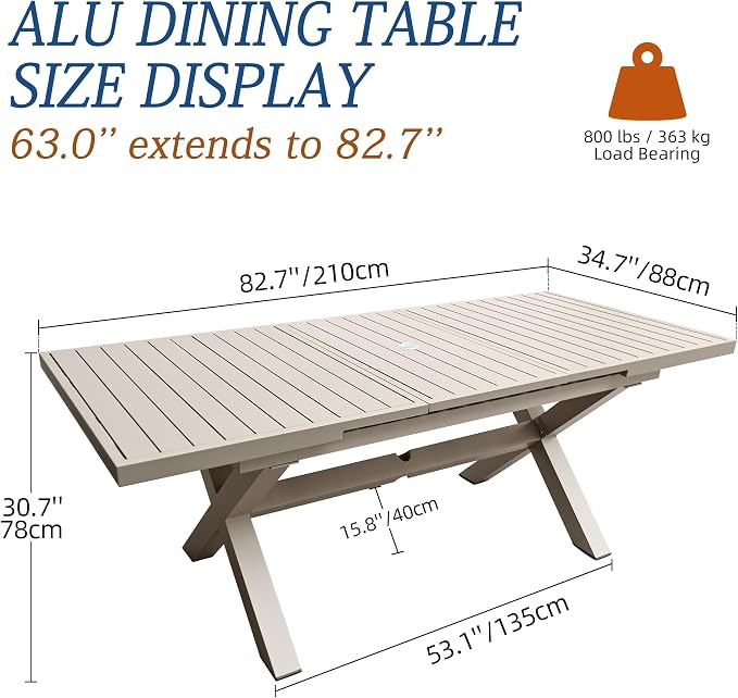 83'' 32'' Extendable Outdoor Dining Table for 6-8, Aluminum Frame with Umbrella Hole for Patio, Garden, Backyard, Deck, Poolside (Milk Coffee)