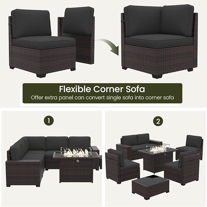 LayinSun 7 Pieces Outdoor Patio Furniture Set with 44" Fire Pit Table Brown Rattan Sectional Sofa Conversation Sets