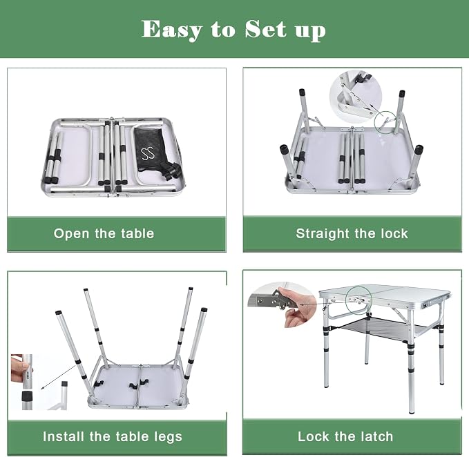 Small Folding Camping Table, 2ft Portable Picnic Table Aluminum 24" x 16" Folding Table, 3 Adjustable Heights Portable Lightweight Table Dining Table for RV, Picnic, Beach (White)