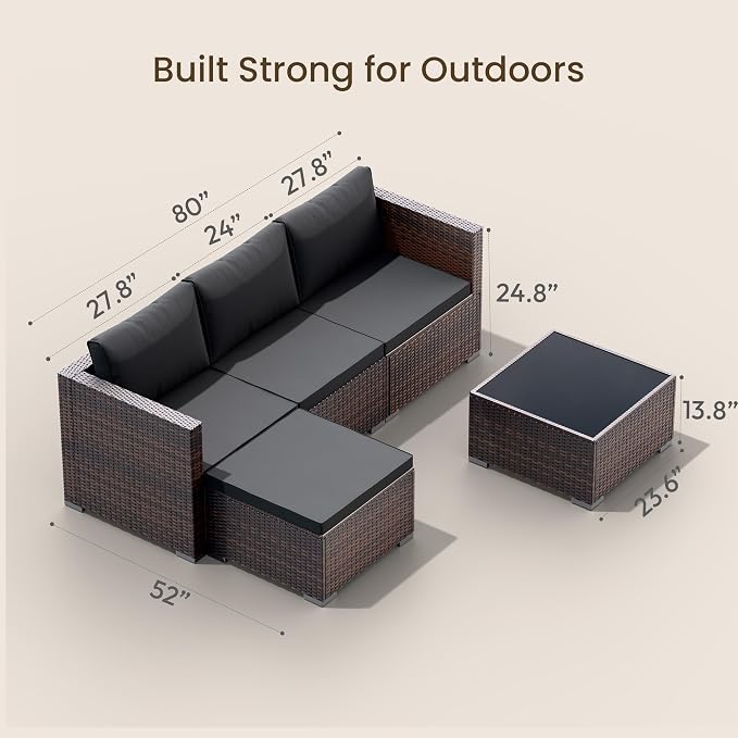 Patio Furniture Set - All-Weather -5 Piece Outdoor Patio Conversation Couch Sets, Modular Wicker Rattan Sectional Sofa for Garden, Patio, Poolside, Backyard, Balcony, Porch,Medium Gray