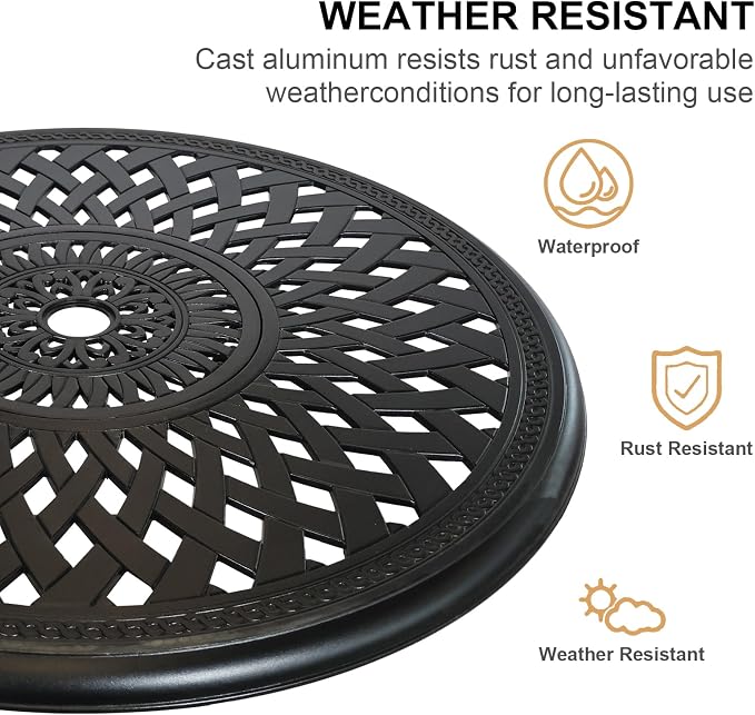 30 inches Patio Table with Umbrella Hole, Round Outdoor Table, Cast Aluminum Bistro Table, Metal Side Table for Porch Backyard, Black