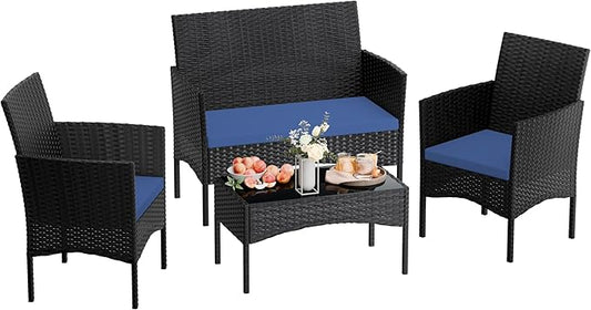 4 Pieces Patio Furniture Set Outdoor Conversation Set Rattan Furniture Set Wicker Chairs and Sofa with Glass Table for Porch Pool Backyard Garden,Navy Blue